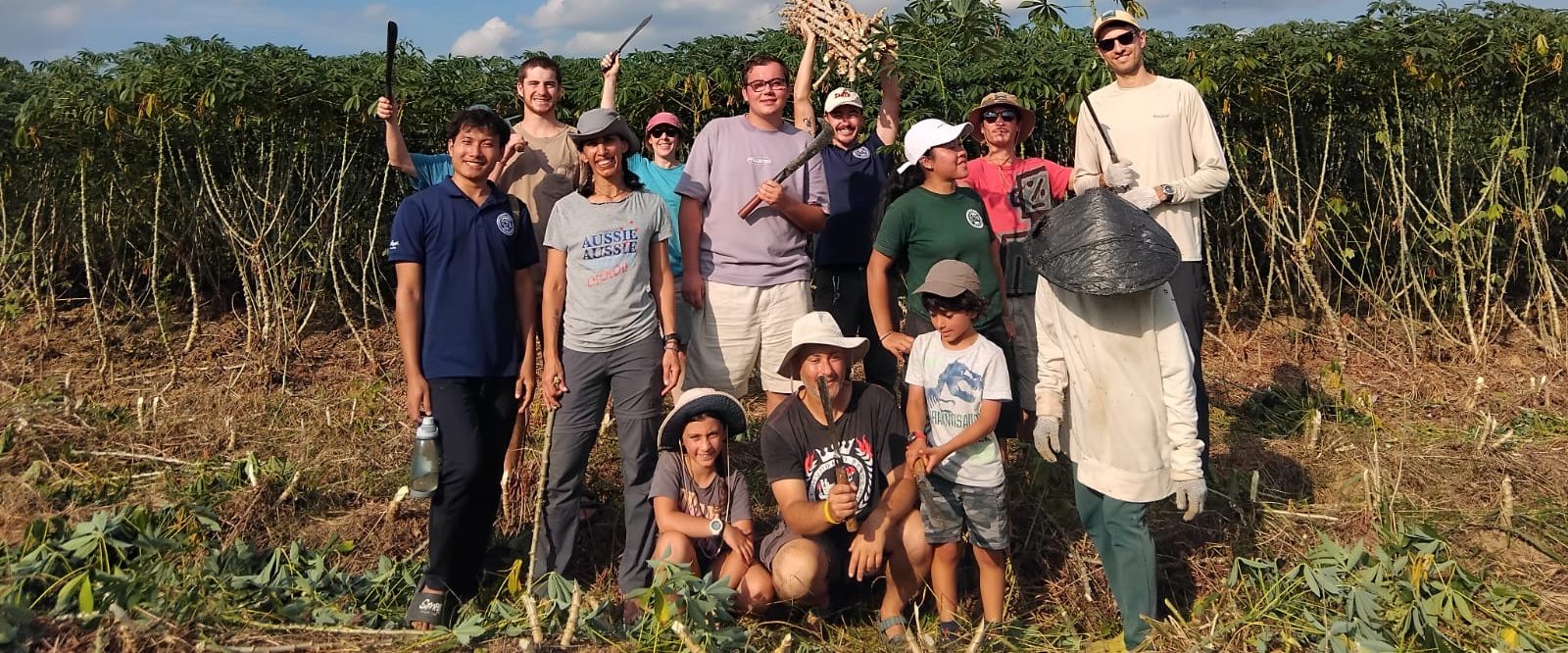 A group of volunteers in the cassava garden at LCTW, Laos